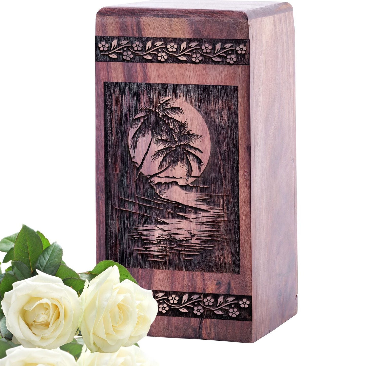 Keepsake Wood Urn Box for Cremation Ashes with Sunset Beach