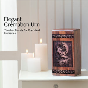 Keepsake Wood Urn Box for Cremation Ashes with Sunset Beach