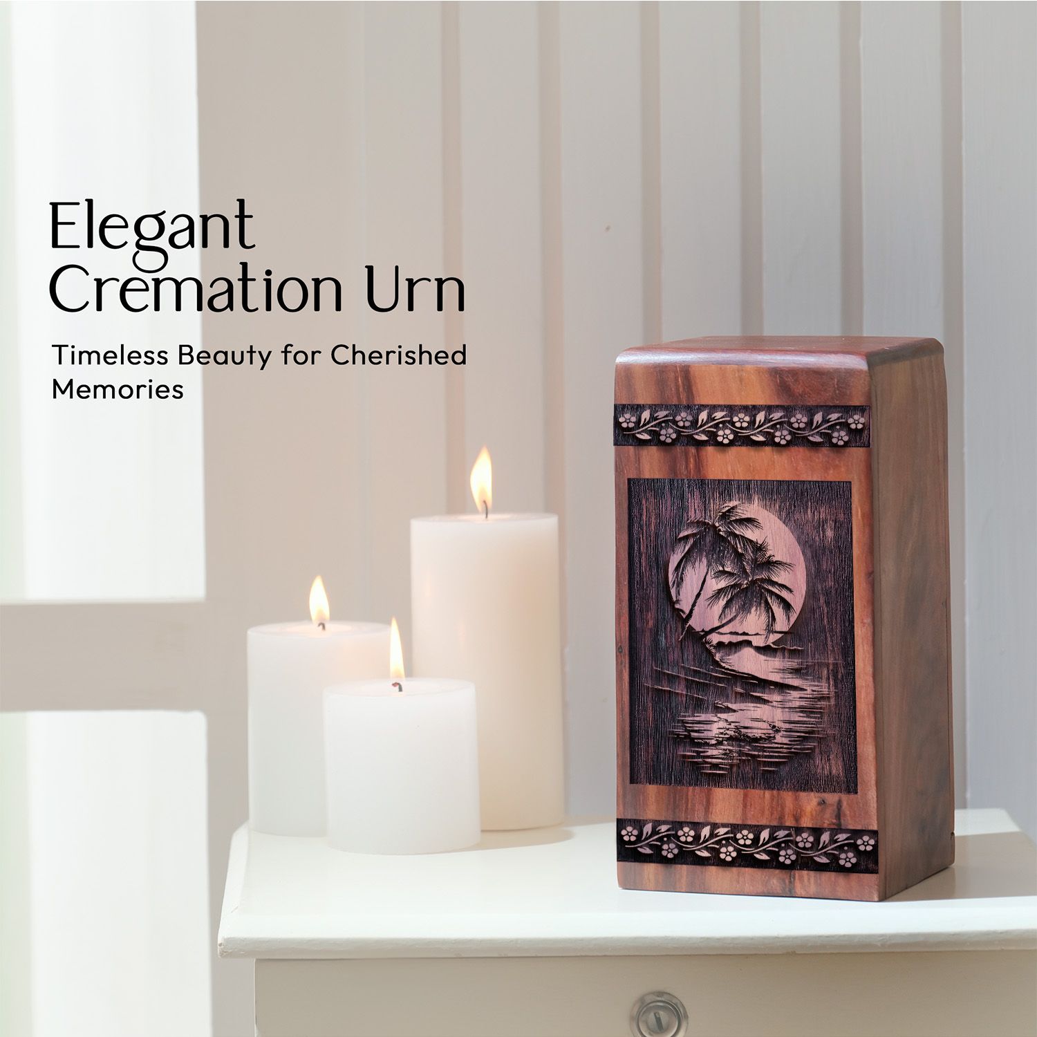 Keepsake Wood Urn Box for Cremation Ashes with Sunset Beach