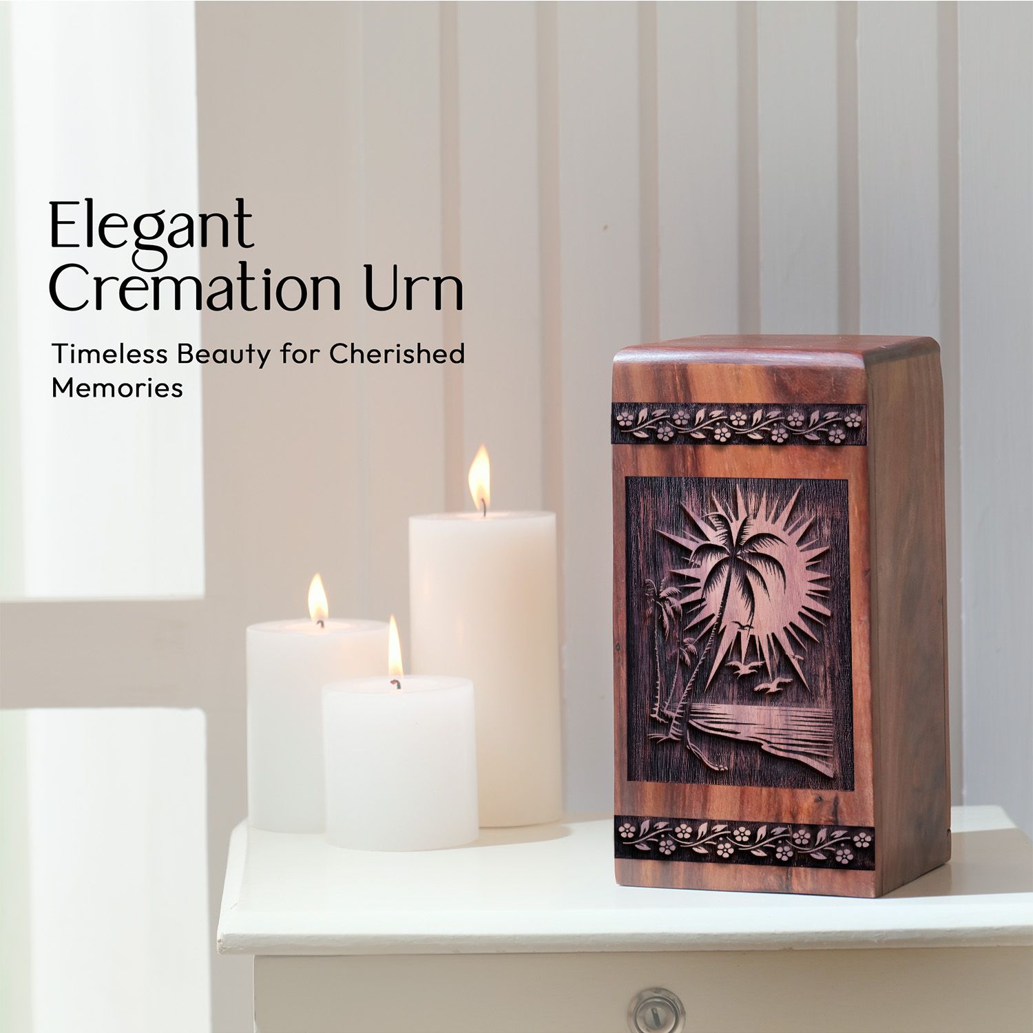 Wood Cremation Urn for Burial with Sunset Beach Memorial Urn