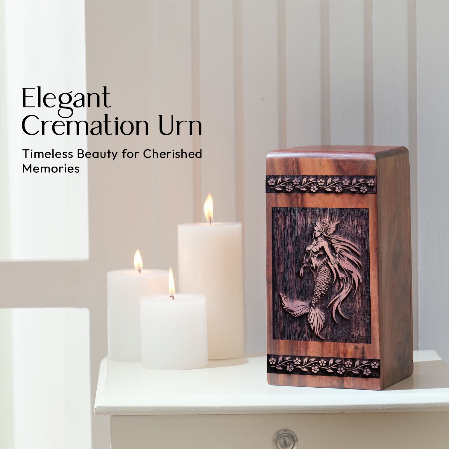 Unique Wooden Cremation Urn Box with Mermaid Keepsake urn