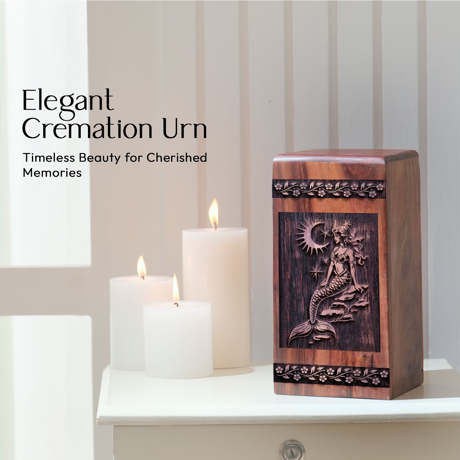 Unique Wood Cremation Urn with Mermaid Urn for Memorial