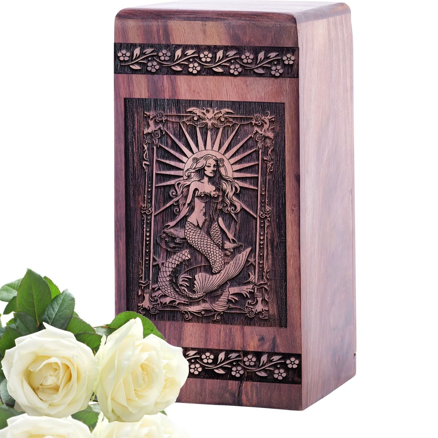 Handcrafted Wooden Mermaid Urn Box for Human Ashes