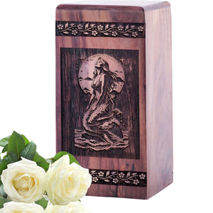 Handmade Wooden Cremation Urn with Mermaid Wood Box for Burial