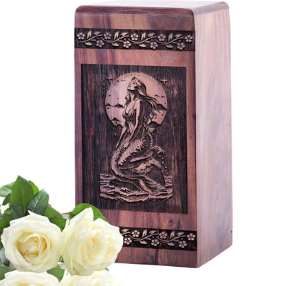 Handmade Wooden Cremation Urn with Mermaid Wood Box for Burial