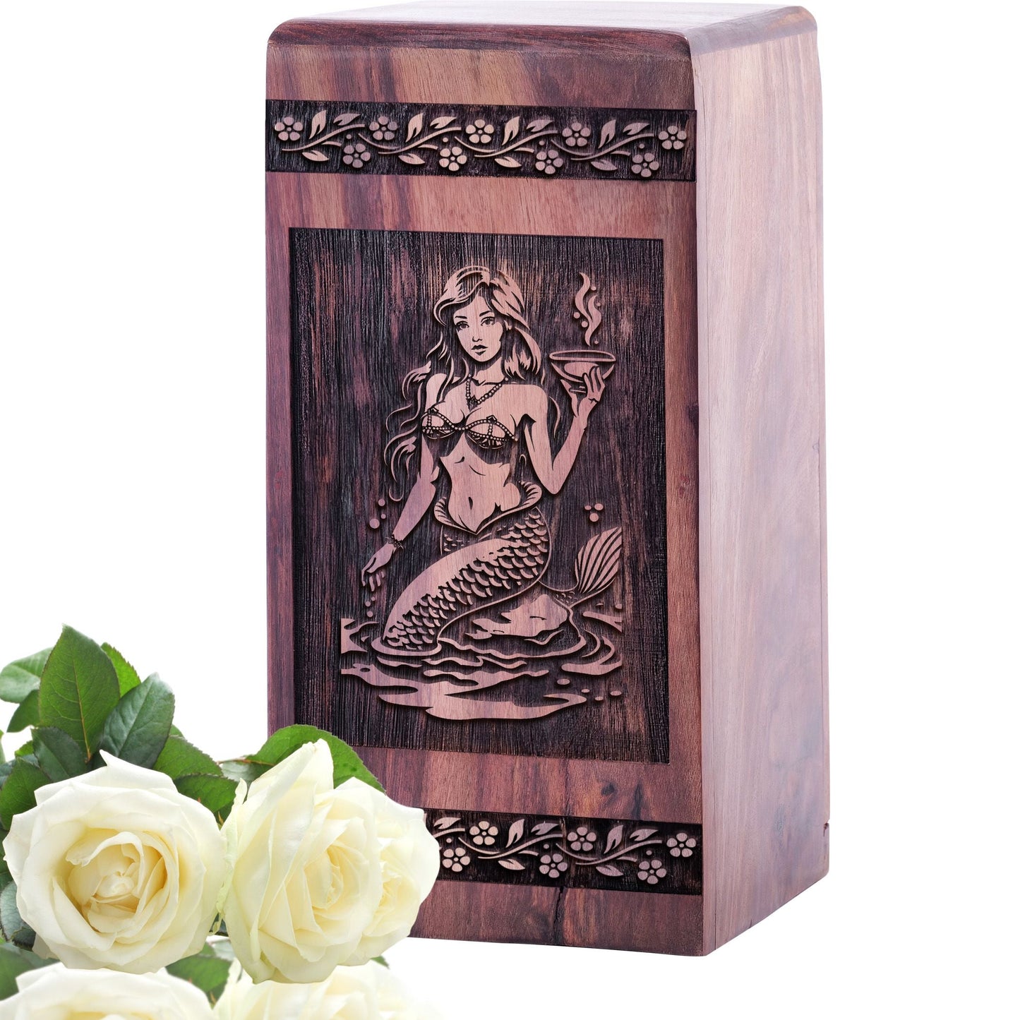 Unique Wooden Urn with Mermaid Wood Box for Memorial Ashes