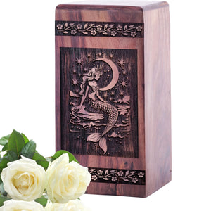 Unique Wood Cremation Urn with Mermaid Urn for Ashes