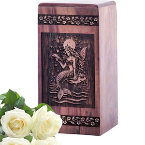Handcrafted Wooden Mermaid Urn Box for Human Cremation Ashes