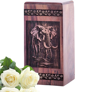 Unique Wooden Urn with Elephant Wood Box for Memorial Ashes