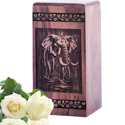 Unique Wooden Urn with Elephant Wood Box for Memorial Ashes