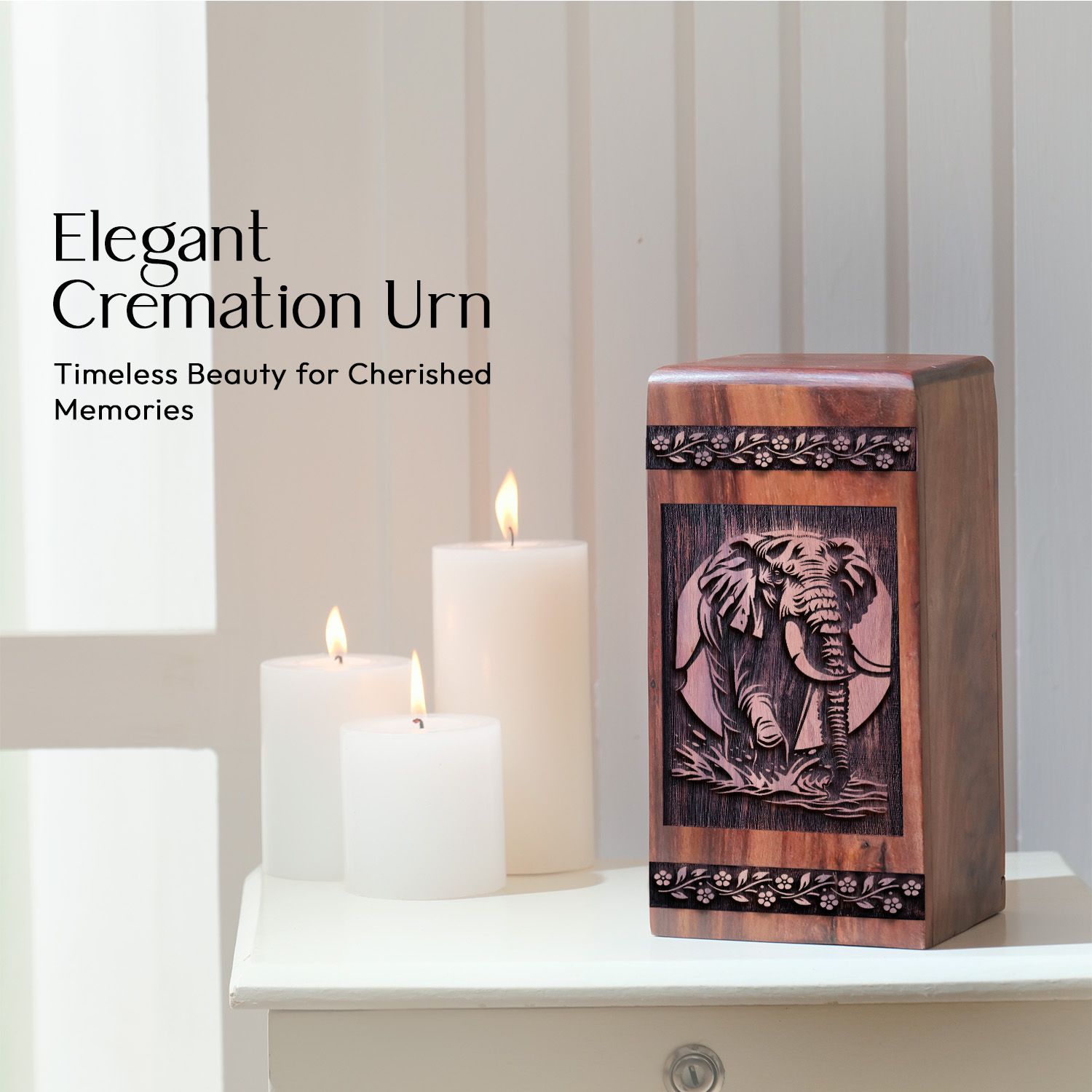 Handmade Wooden Cremation Urn with Elephant Wood Box for Memorial