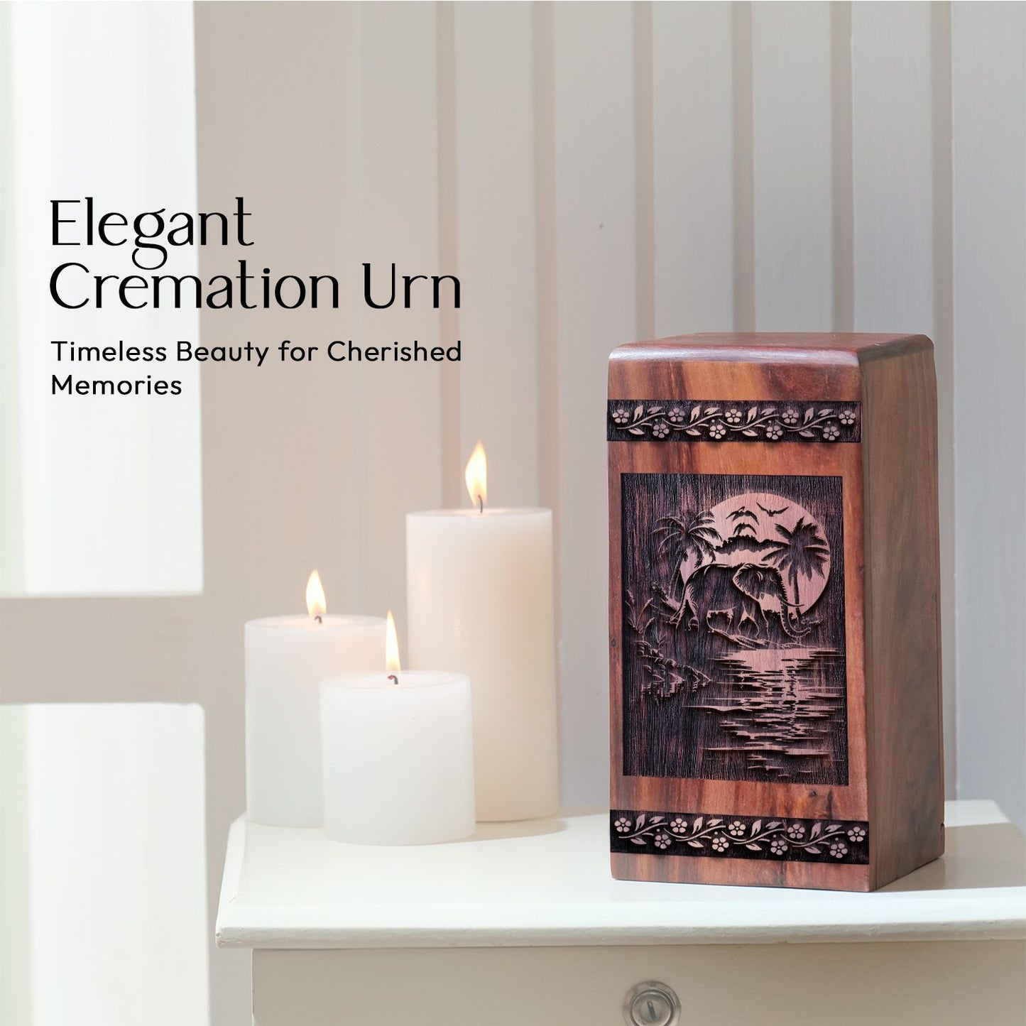 Beautiful Wooden Elephant Cremation Urn for Burial and Memorial
