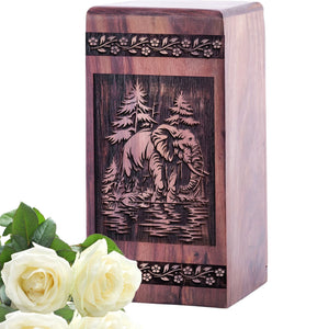 Handcrafted Wooden Urn with Elephant Wood Box for Adult UrnAshes