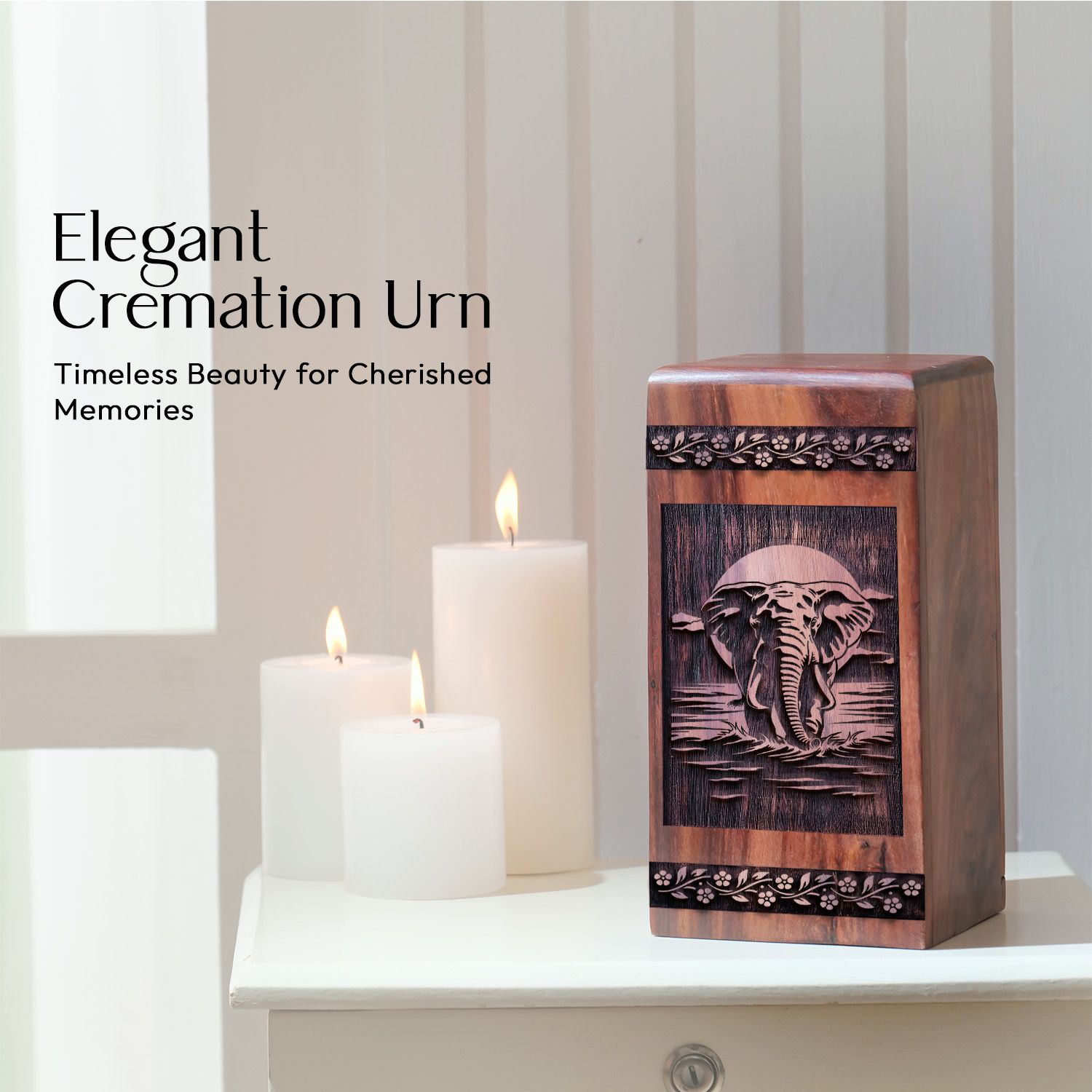 Decorative Elephant Wood Urn for Memorial and Burial Ashes