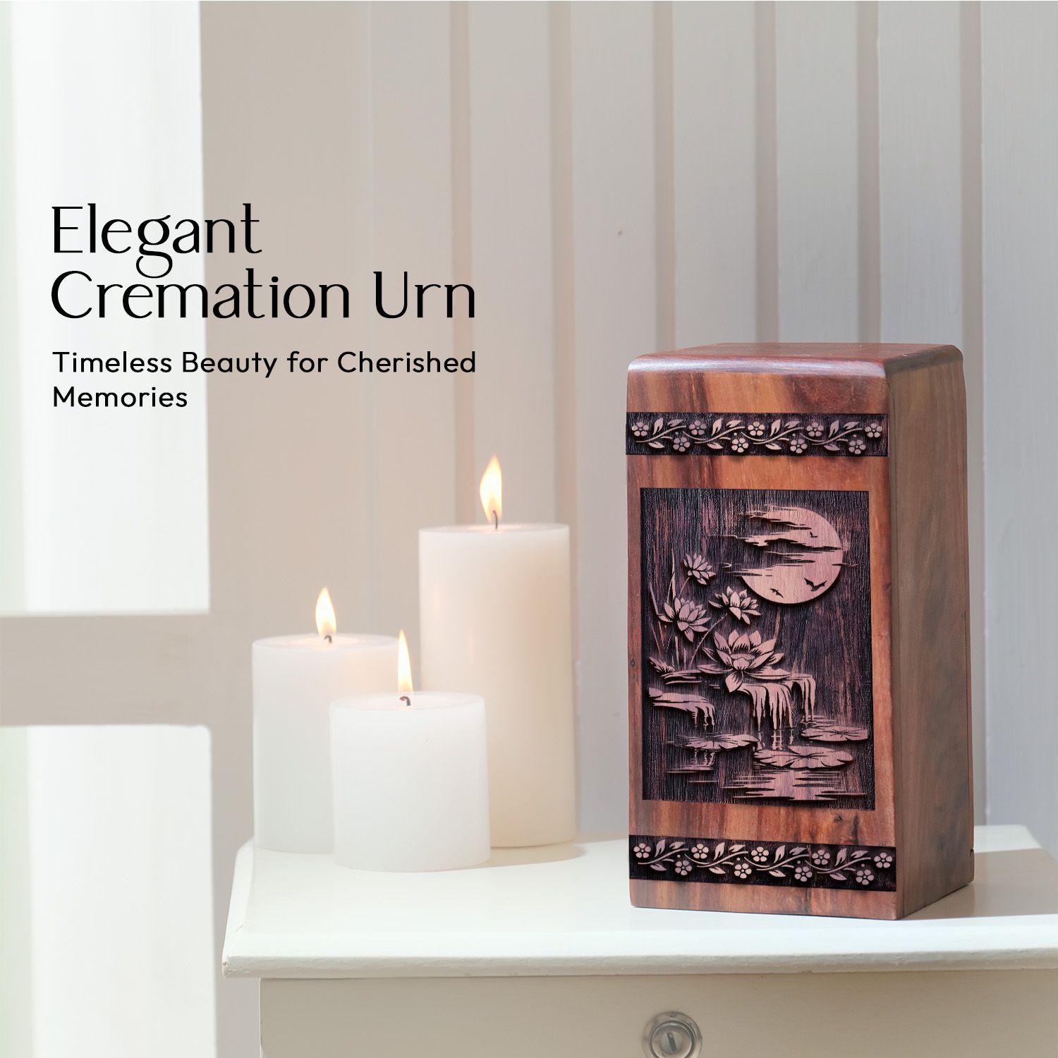 Wooden Lotus Flower Memorial Urn for Human Ashes Box