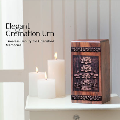 Large Wooden Lotus Flower Cremation Urn for Adult Burial Ashes
