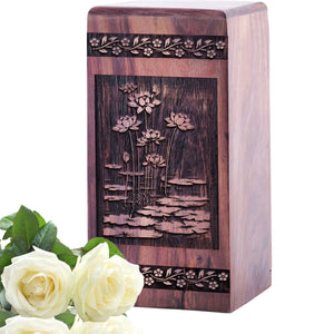 Medium Wooden Lotus Flower Urn for Cremation Memorial Ashes