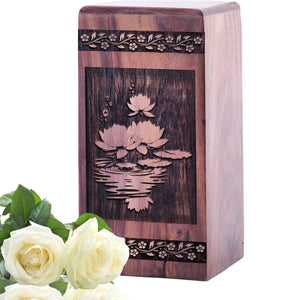 Decorative Wooden Lotus Flower Urn for Memorial Cremation Ashes