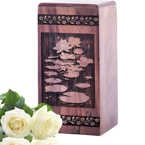 Large Wooden Cremation Urn with Lotus Flower Urn for Human Ashes