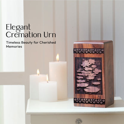 Large Wooden Cremation Urn with Lotus Flower Urn for Human Ashes