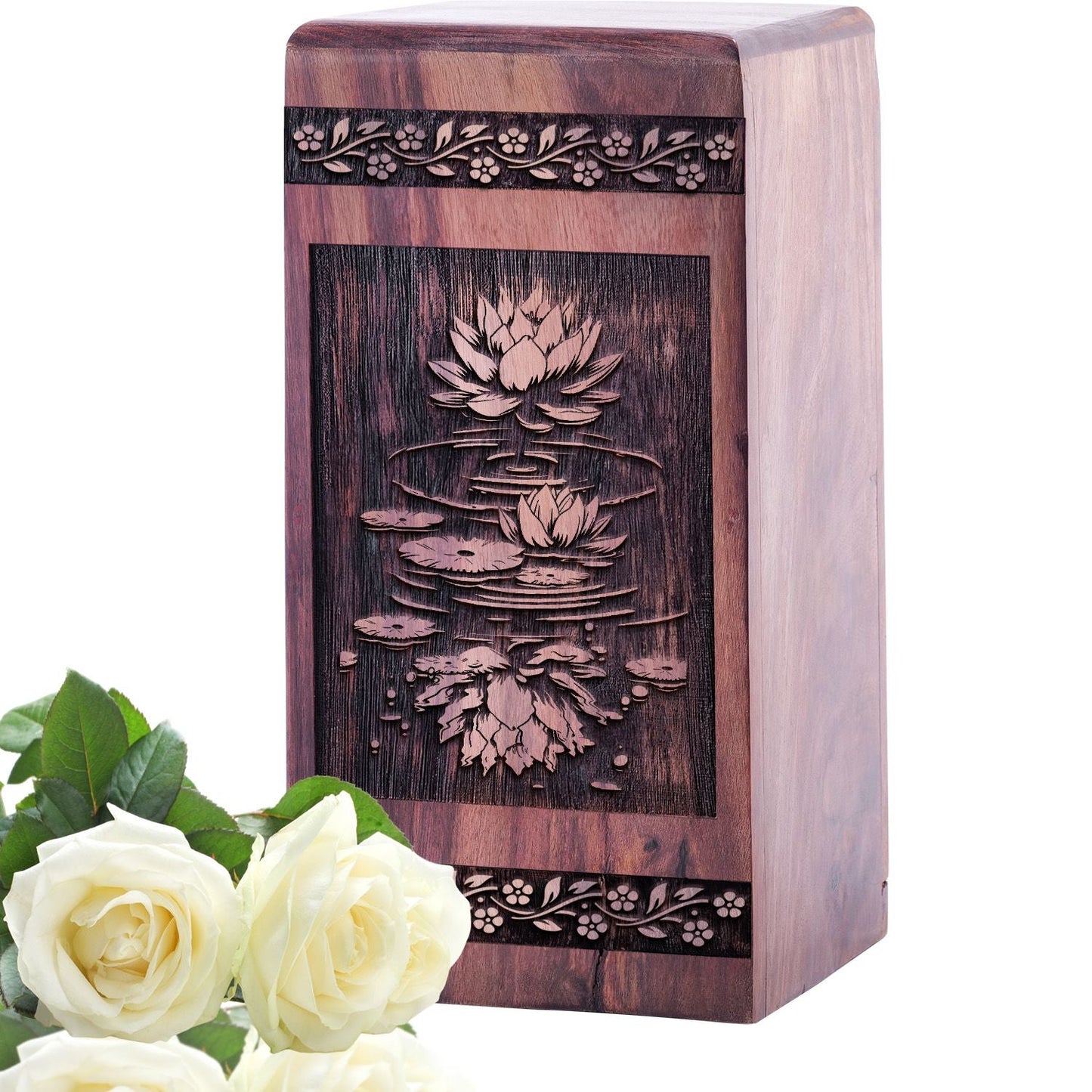 Lotus Flower Wood Cremation Urn for Human Burial Memorial Ashes