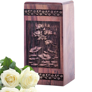 Medium Wooden Cremation Urn with Lotus Flower Wood Box for Ashes