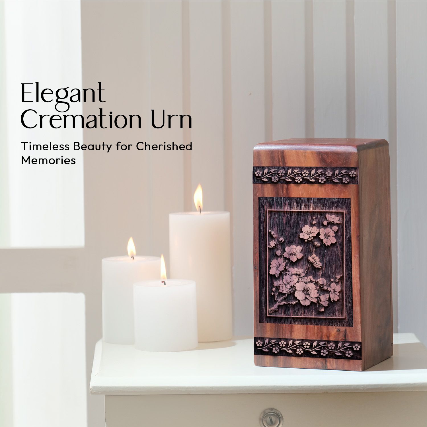 Beautiful Cherry Blossoms Wood Cremation Urn for Memorial Ashes