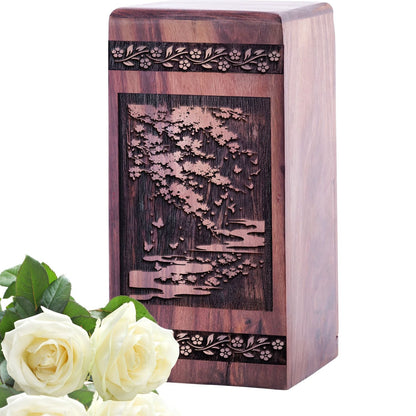 Large Wooden Cherry Blossoms Cremation Urn for Adult Burial Ashes