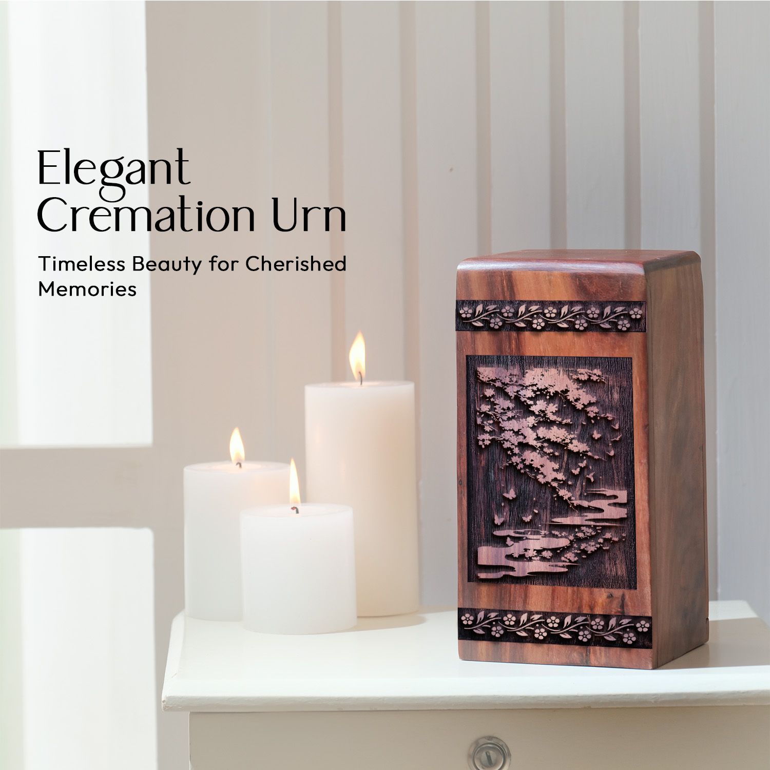 Large Wooden Cherry Blossoms Cremation Urn for Adult Burial Ashes