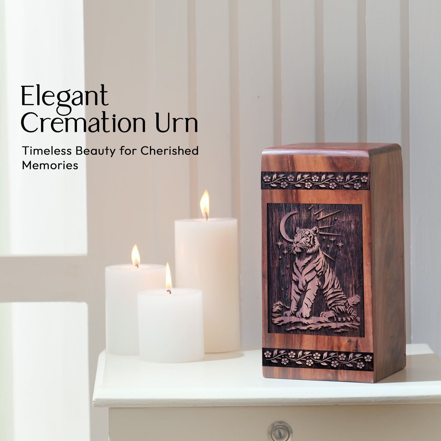 Medium Wooden Cremation Urn with Tiger Wood Box for Burial Ashes