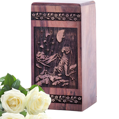 Medium Wooden Tiger Cremation Urn for Adult Burial Ashes keepsake
