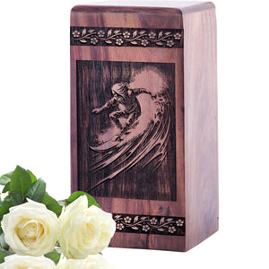 Wooden Large Surfing Waves Urn for Human Burial Ashes