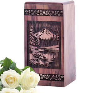 Handmade Wooden Tranquil Lake Urn for Human Burial Ashes