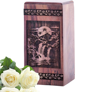 Handcrafted Wooden Cremation Urn with Waterfall Wood Box