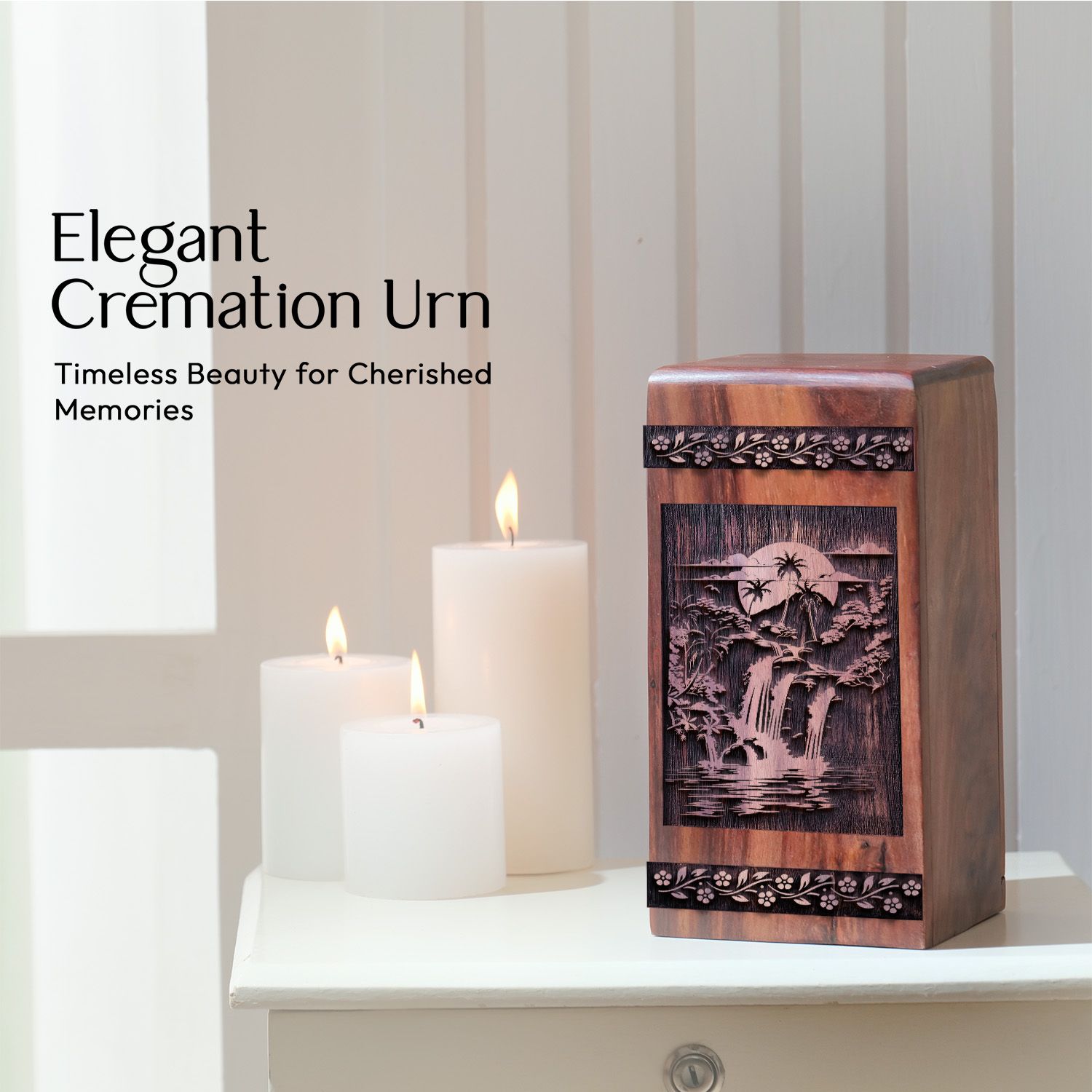 Handcrafted Wooden Cremation Urn with Waterfall Wood Box