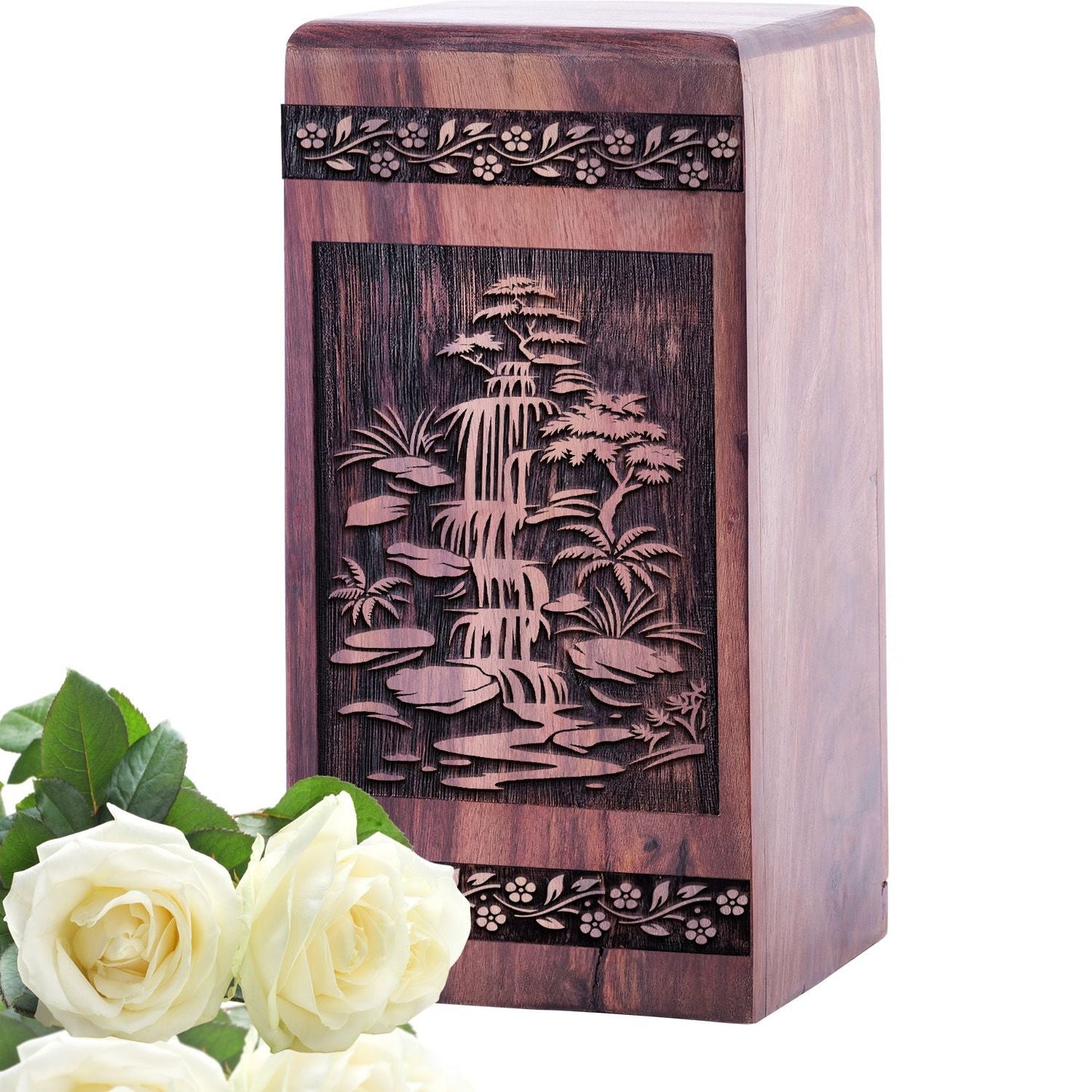 Mini Handmade Wooden Cremation Urn with Waterfall Wood Box