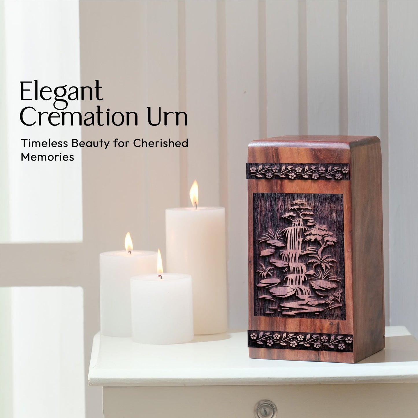 Mini Handmade Wooden Cremation Urn with Waterfall Wood Box
