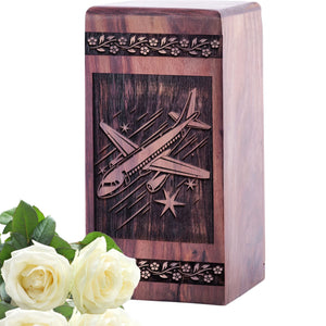 Beautiful Handcrafted Wooden Cremation Urn with Airplane