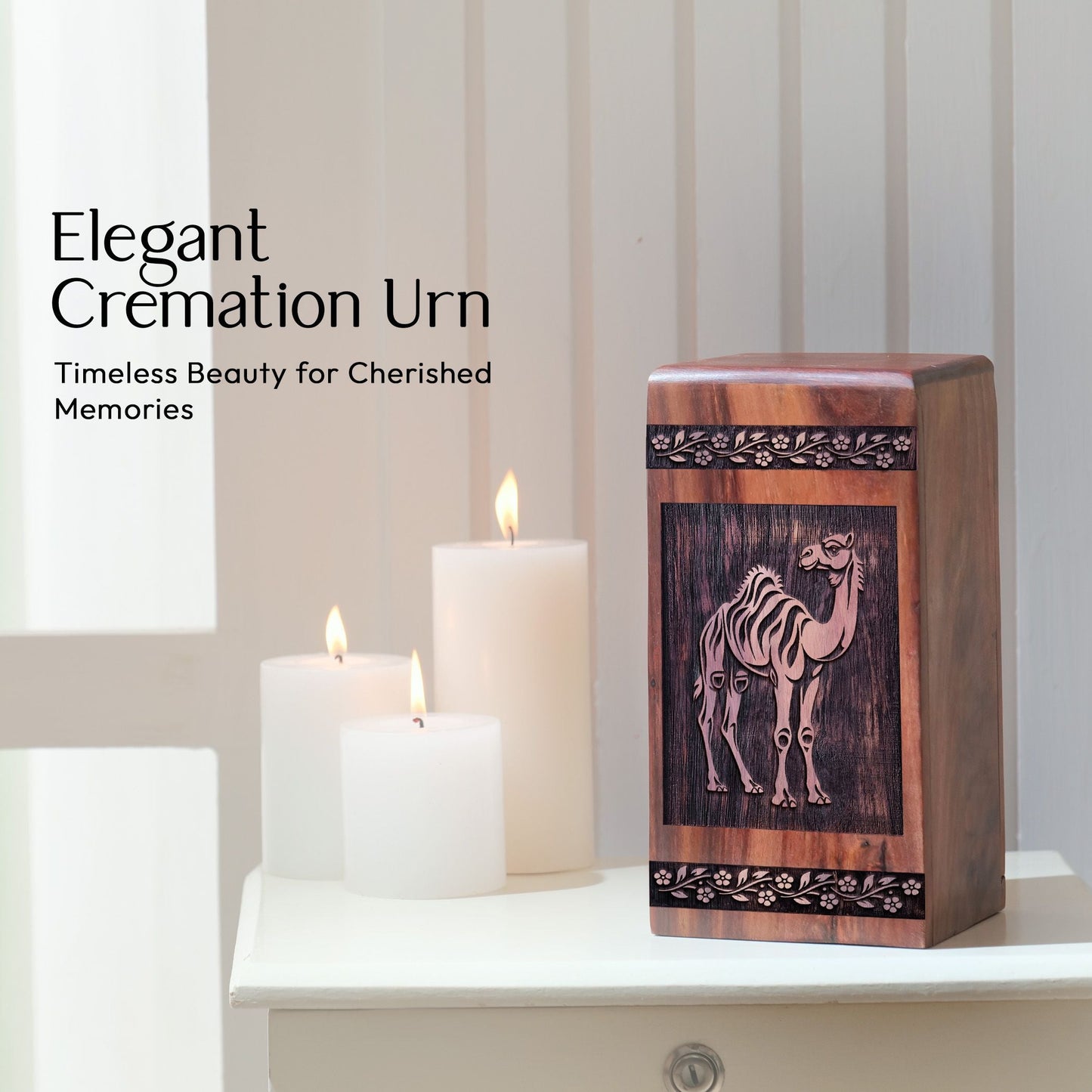 Handcrafted Memorial Urn with Camel in Desert Wood Box