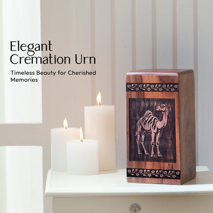 Handcrafted Memorial Urn with Camel in Desert Wood Box