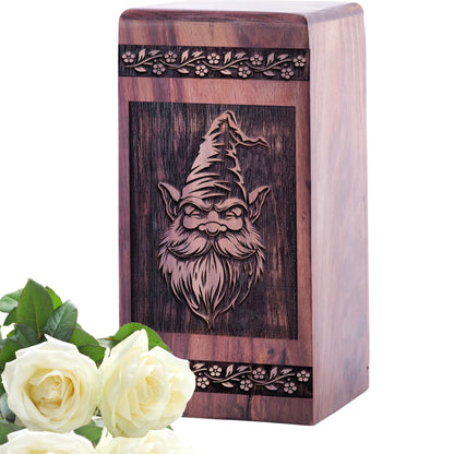 Wooden Memorial Urn with Garden Gnome Wood Box for Ashes