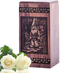 Handcrafted Wooden Cremation Urn with Garden Gnome Wood Box