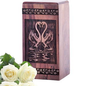 Unique Wooden Cremation Urn with Swans Large Urn