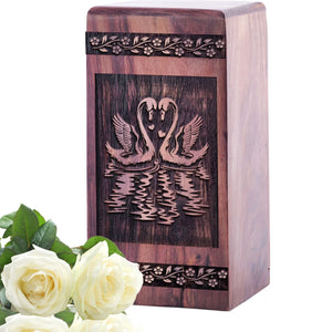 Medium Swans Wooden Urn for Human Cremation Ashes
