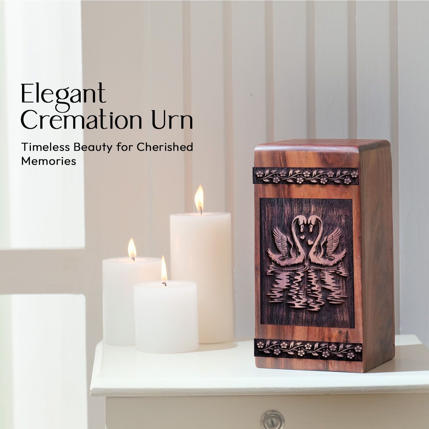 Medium Swans Wooden Urn for Human Cremation Ashes