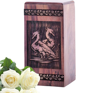Mini Wooden Memorial Urn with Swans Wood Box for Ashes