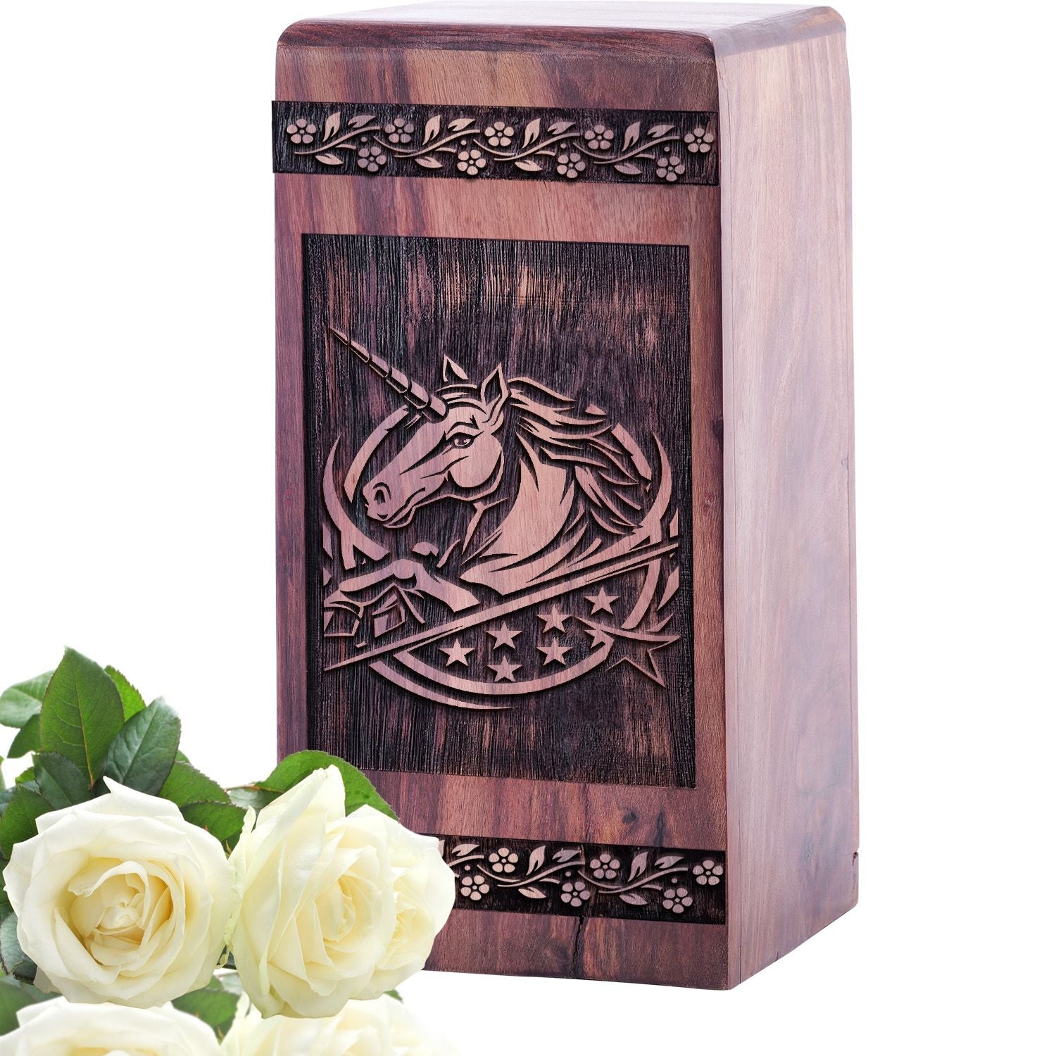 Handcrafted Wooden Cremation Urn with Unicorn Wood Urn