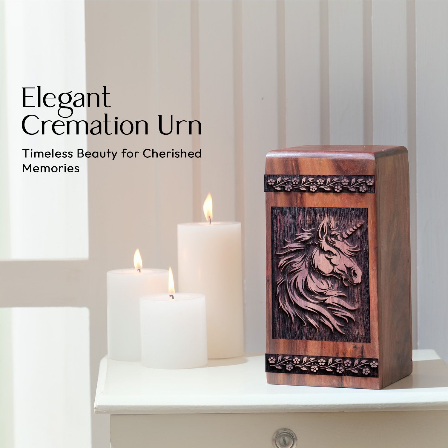 Unique Wooden Cremation Urn with Unicorn Large Wood Urn