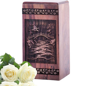 Handcrafted Wooden Cremation Urn with Bridge on River