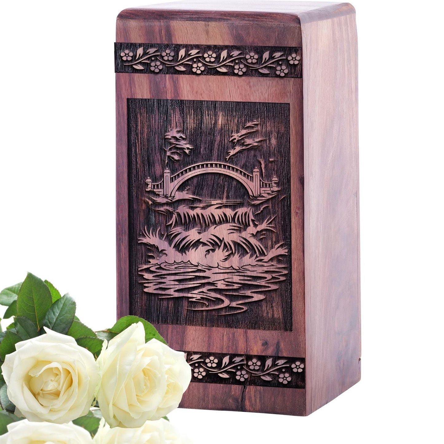 Unique Wooden Cremation Urn with Bridge on River Urn